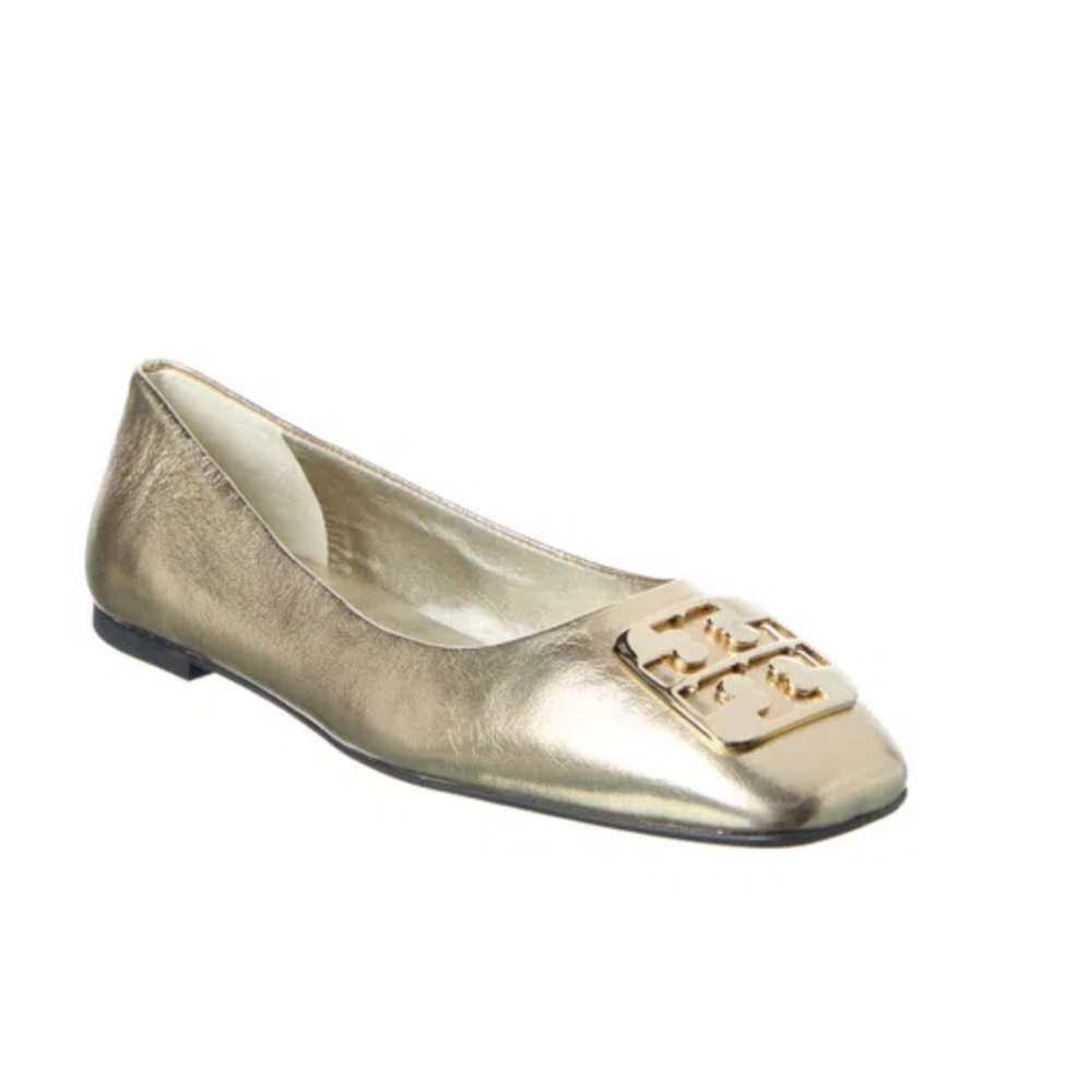 NWOT, Tory Burch Gold Metallic Square Toe Double T Logo Ballet Flats, Sz 6
